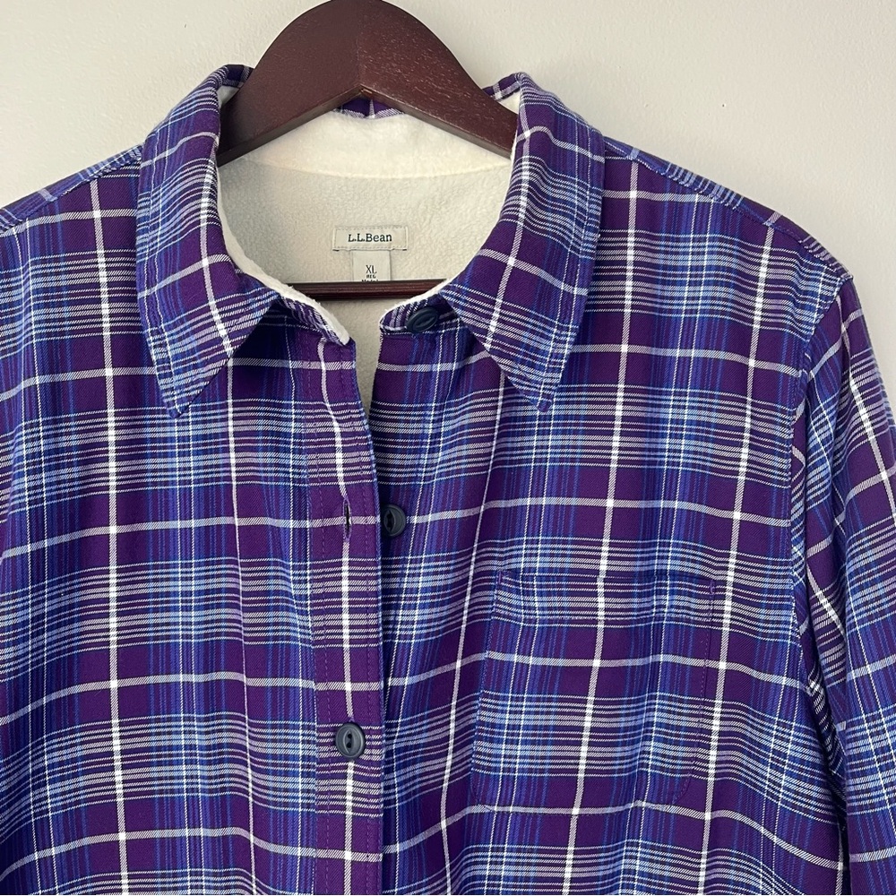 L.L. Bean Womens XL Purple Fleece-Lined Flannel Button-Up LS Shirt Shacket CABIN